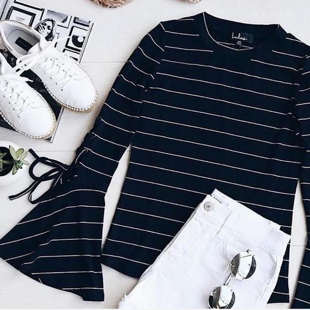 Lulus size M Navy blue “Found my mate” striped long sleeve top with bell sleeves